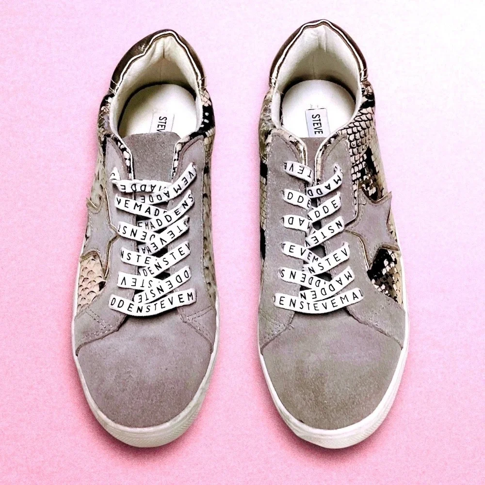 Steve Madden Amalfi Sneakers Grey‎ Suede Snakeskin Star Logo Laces Womens 9